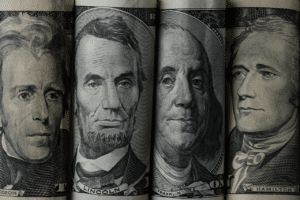 close up view of american presidents on dollar ban 6RU9YX2